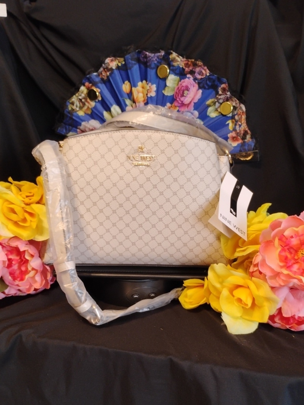 Nine West Cream Patterned Dome Crossbody with Gold Logo - Picture 6 of 8